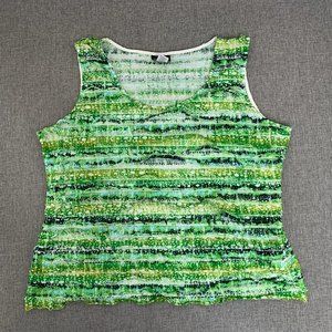 Lark Lane Green Sleeveless TopTextured Ruffled XL‎ Abstract Art Print Blue Black
